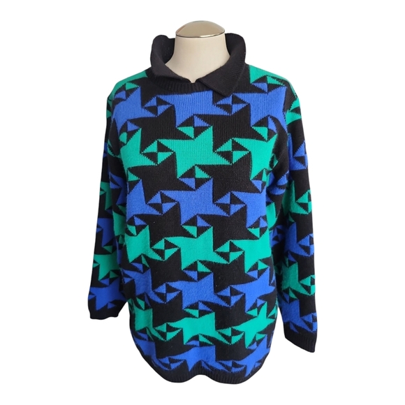 VTG Alfred Dunner Geometric Sweater Size S | Funky Blue Green Pattern Made in US - Picture 7 of 10
